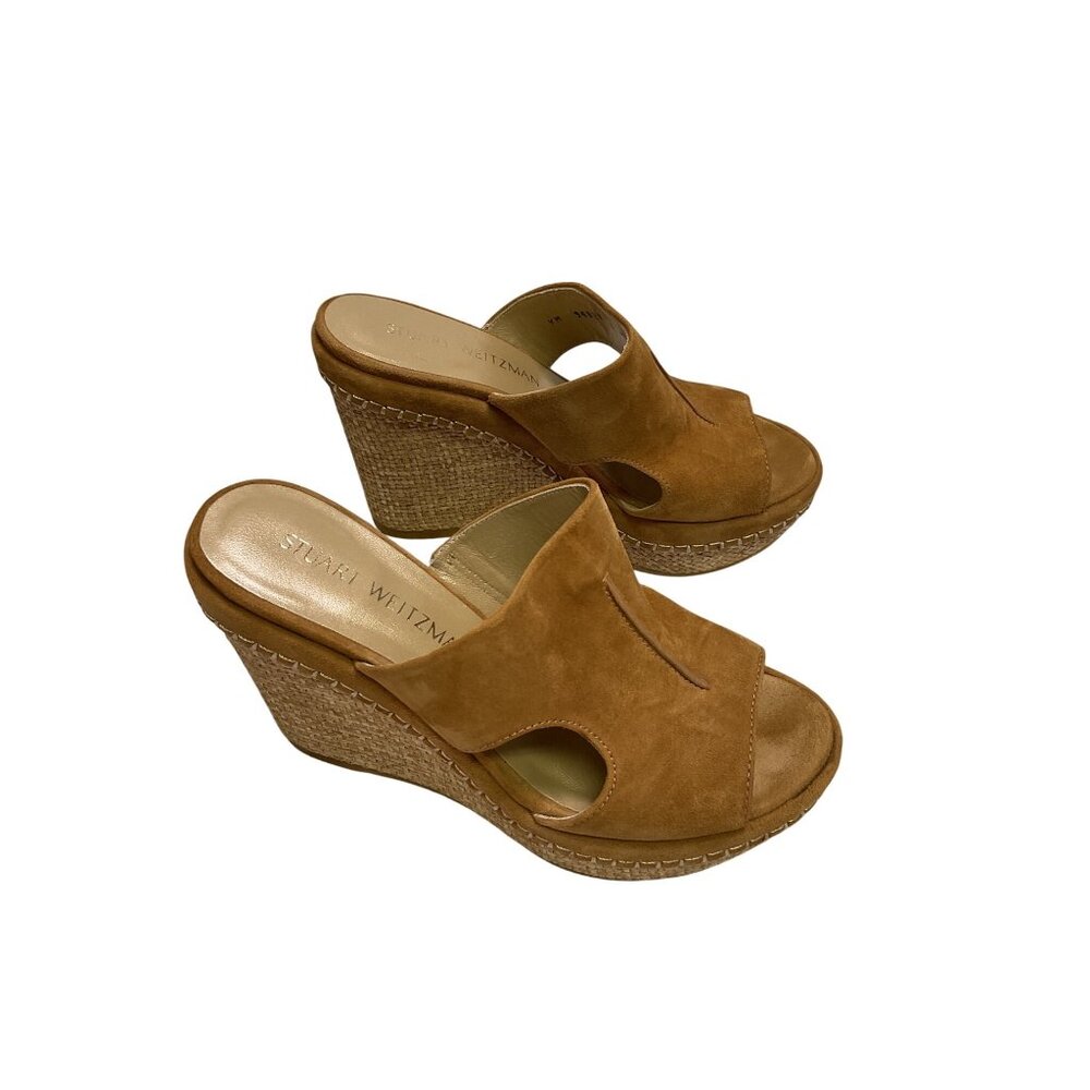 Stuart Weitzman Tan Suede Wedge Platform Slide Sandals Size 6 M New